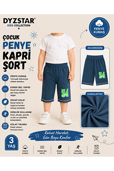 DYZSTAR Çocuk Penye Kapri Şort Petrol Mavisi Baskılı Rahat Kalıp Günlük Kulla...