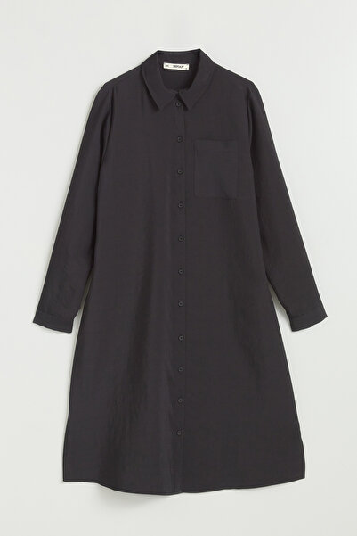 Nihan Plus Size Pocketed Shirt Collar Modal Tunic - Black
