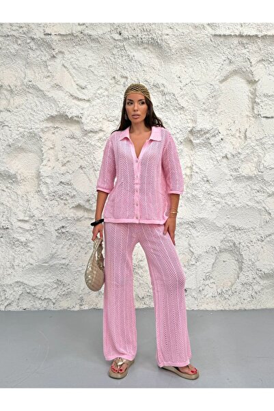 Flarsky Women's Openwork Shirt Collar Pareo Bottom-Top Knitwear Set
