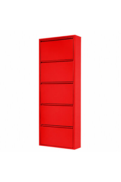 Alveon Schuhschrank aus Metall mit 5 schmalen Klapptüren, 51 x 15 x 170 cm, rot