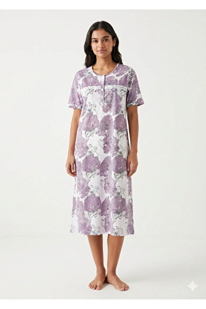 Noom Nightwear Short Nightgown 100% Cotton with Floral Print