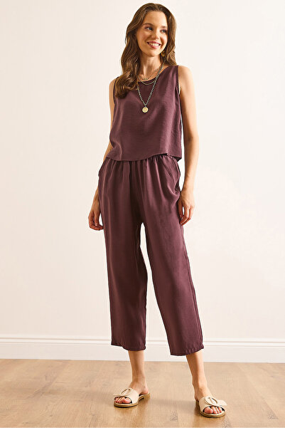 Olalook Women's Plum Top Blouse Bottom Pocketed Pants Soft Textured Set Tkm-1...