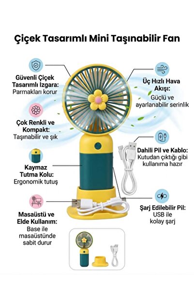 DEYHOME Şarjlı Mini El Fanı 3 Kademeli USB Şarjlı Taşınabilir Masaüstü ve El ...