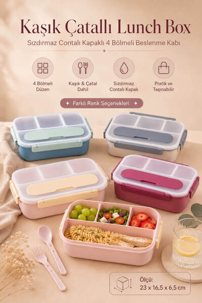 Anadolu Saray Kaşık Çatallı 4 Bölmeli Sızdırmaz Lunch Box Beslenme Kabı 23cm