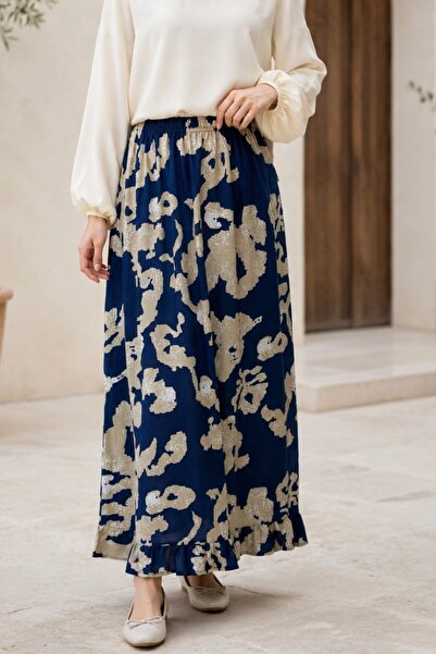 İmajButik Navy Blue Patterned Viscose Skirt with Elastic Waist