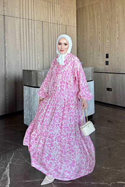 İmajButik Pink Half-Buttoned Layered Dress with Elastic Sleeves
