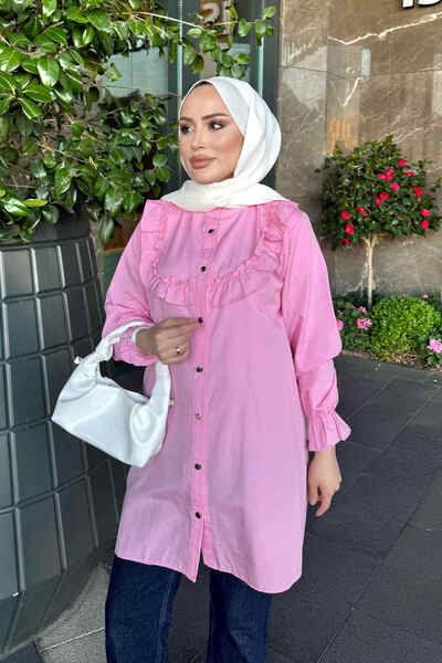İmajButik Pink Tunic with Elastic Sleeves and Ruffled Collar