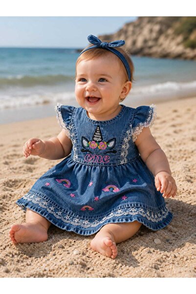 bubiee baby Kız Bebek Kot Elbise Unicorn Nakışlı Dantel Detaylı Mavi Denim Fı...