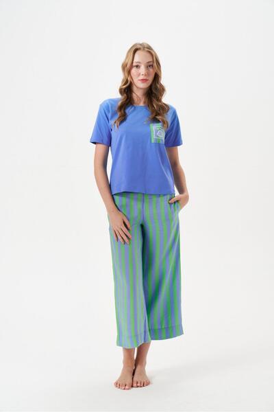 PJS Kadın Mavi Yeşil Çizgili Geniş Paça Kapri Pijama Takım 29044