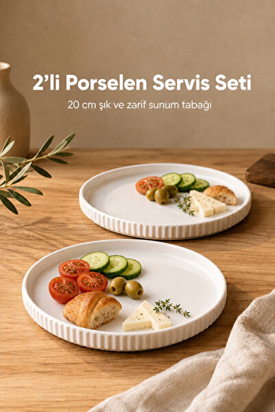 Vienev 2 Piece 20 cm Porcelain Serving Plate Set - Modern Striped Round Prese...