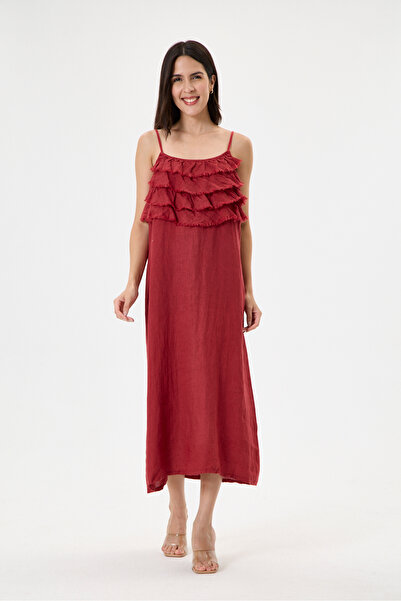 della moor Burgundy Italian 100% Linen Dress with Tassel Collar and Adjustabl...