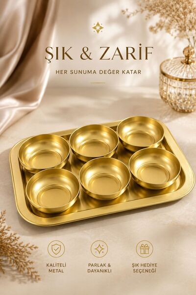 MİORA HOME LÜKS GOLD SUNUM SETİ 6LI KASE VE TEPSİ