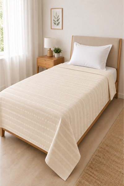 SELORA MAISON Single Pique 100% Cotton Beige Summer Pique Bedspread Lightweig...