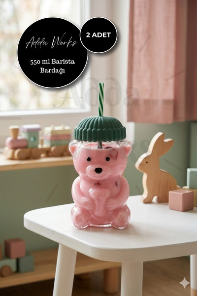 Adda Works Ayıcıklı Cam Bardak 550 ML Pipetli Kapaklı Soğuk İçecek, Kahve, Smoothie, Bubble Tea, Barista Bardağı / 2 ADET