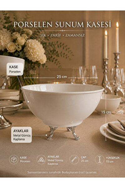 Sillage Home Footed Porcelain Presentation Bowl with Silver Detail – 25 cm St...