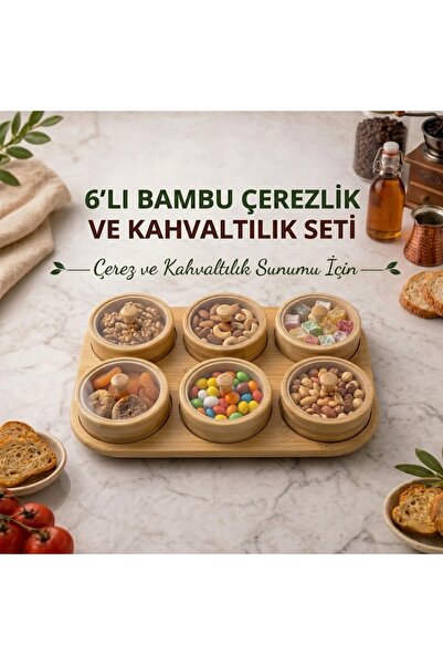 NUHA 6’lı Bambu top ayaklı standlı çerezlik & kahvaltılık Sunumluk