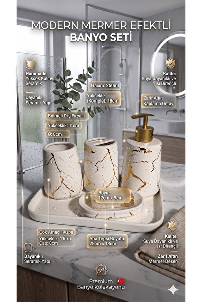 RİVO HOME DECOR Modern Marble Patterned Ceramic 5 Piece Bathroom Set