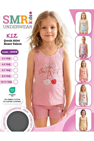 SMR Kids Kız Çocuk Pembe Kiraz Desenli Kalın Askılı Atlet Boxer Takımı