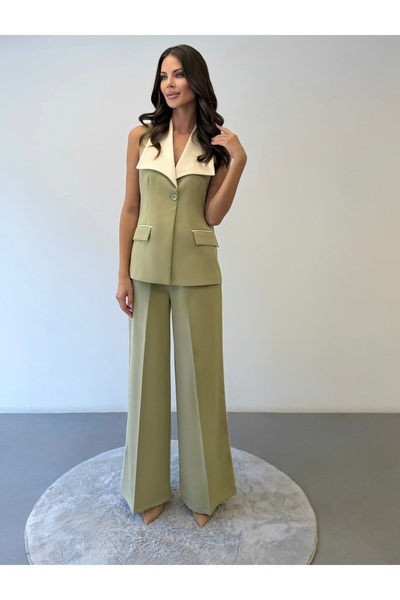ossons Garnili Wide Collar Contrast Detailed Vest and Trousers Set - (Light K...