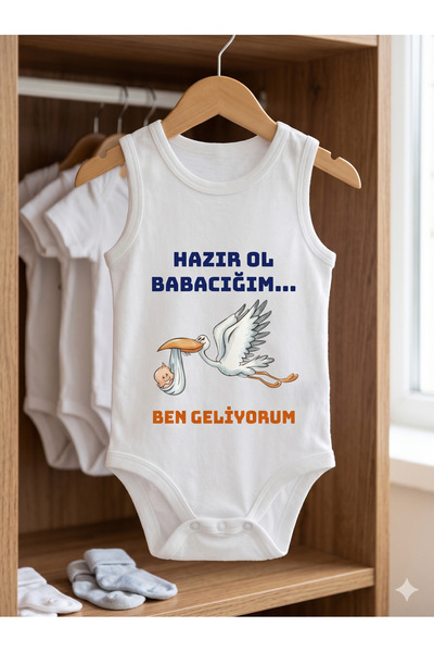 HAZDEN Bebek Body Zıbın - Hazır Ol Babacığım Ben Geliyorum Baskılı Kolsuz %10...