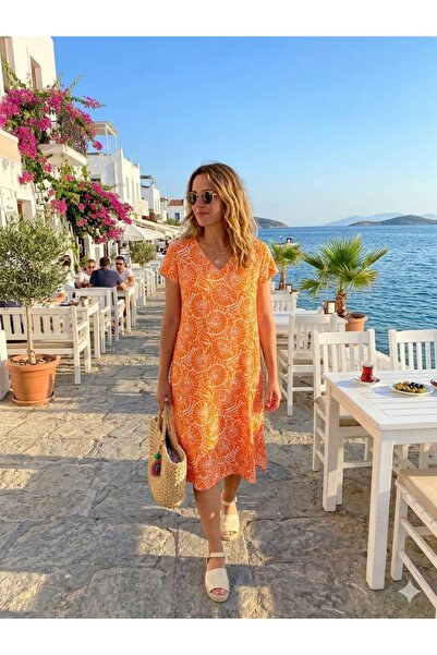 AYASOFYA OTANTIK Women's Ethnic Patterned Short Sleeve Midi Dress