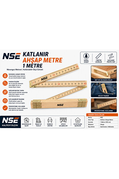 NSE Katlanır Ahşap Metre 1 Metre – Marangoz Metresi Katlanabilir Ölçü Cetveli
