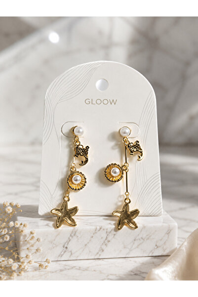 BARLİZ Women's Starfish Pearl Detailed Asymmetrical Gold Earrings Stylish She...