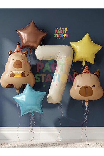 Parti Station Kapibara Konsept 7 Yaş Doğum Günü Balon Seti 6 Parça Capybara B...