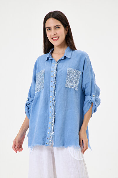 della moor Women's Blue Italian 100% Linen Sequined Ring Stripe Oversize Line...