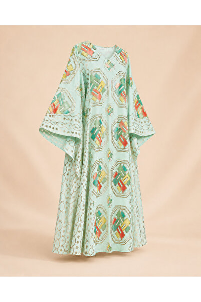 waqar alnaseej Lora Sky Blue Jalabiya with Colorful Heritage Pattern