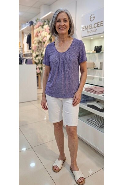 MODA Blue freckled u-neck ruched hem with thin elastic a-line flowing blouse ...
