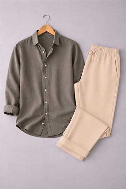 beuivo Men's Linen Textured Oversize Shirt & Sofia Linen Loose Fit Trousers C...