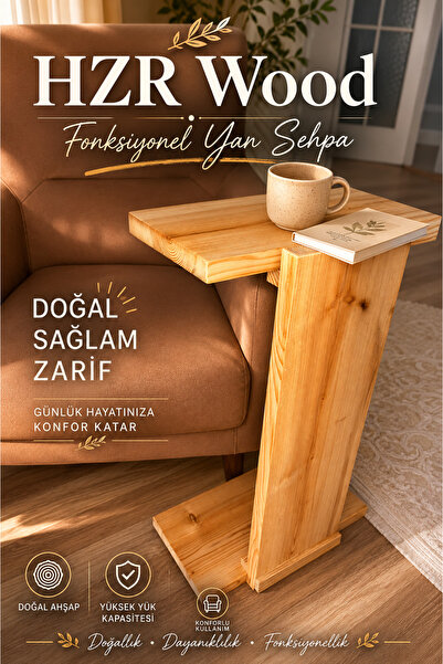 HZR Wood C Sehpa Ahşap Yan Sehpa Ahşap C Sehpa Fonksiyonel Yan Sehpa