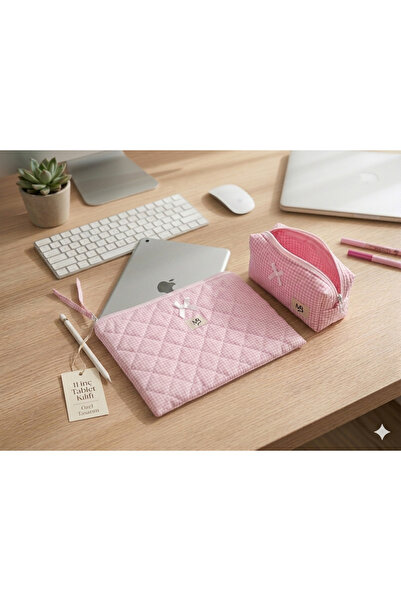 MB pembe pötikare desenli fiyonklu tablet kılıfı - kalemlik set - 11 inç - 12...