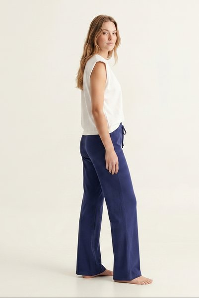 Elemge 100% Cotton Single Jersey Compact Combed Cotton Fabric Women's Pajama Bottoms Loose Fit Light Navy Blue Wide Leg Drawstring Anti-Sweat Bottoms No Pockets Breathable