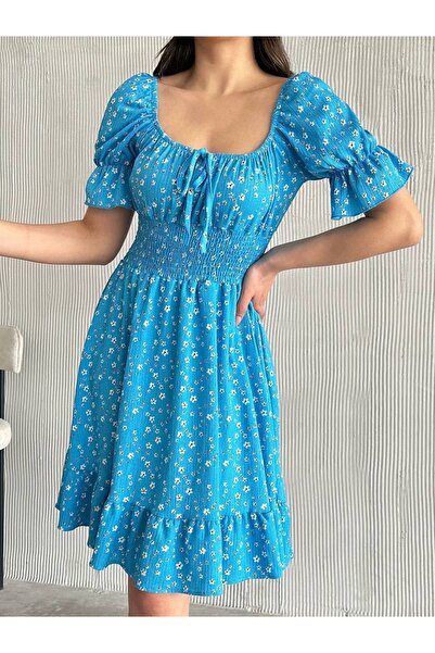 qeteen Floral Patterned Ruffled Waist Fitted Summer Dress