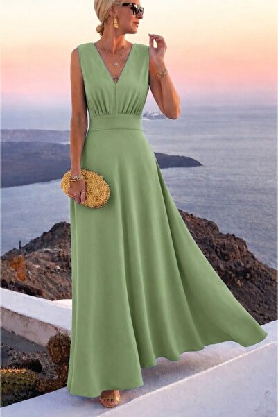 Wear Up Women's Strappy V-Neck Long Imported Dress with Waist Corset Detail C...