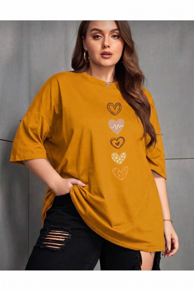 HEAVEN WEAR HARDAL SARI Palo Santo KADIN BÜYÜK BEDEN KALP BASKILI TSHİRT