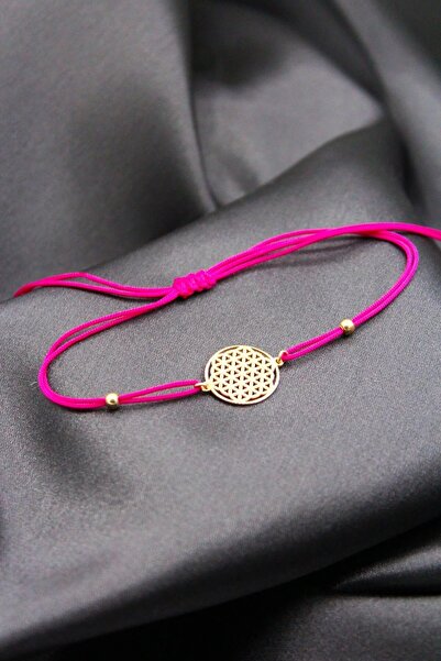 Şimal Silver 925 Ayar Gümüş Gold Pembe İpli Yaşam Çiçegi Makrome Bileklik