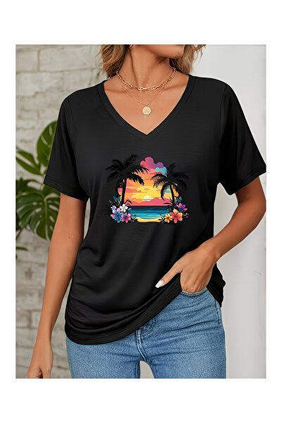 JENOLAN Women's V-Neck Palm Tree Printed T-Shirt Oversize Loose Fit