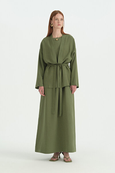 Nihan Belted Sleeveless Linen Dress - Green