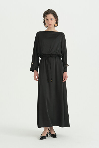 Nihan Satin Dress with Epaulettes on the Sleeves - Black