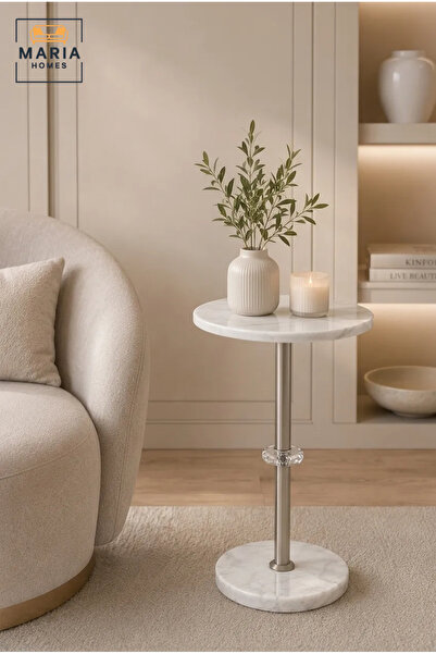 MARIA HOMES Luxury Round Marble Side Table with Crystal Accent and Brushed Ni...