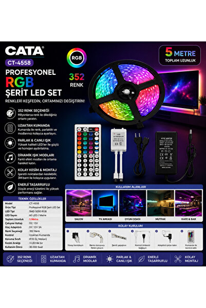 Markasız ucuz CT-4558 Profesyonel RGB Şerit LED Set Kumandalı Renk Değiştiren...