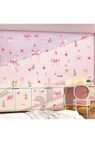 The Bros 48PCS Pink Bow Wall Decals, Watercolor Coquette Cherry Wall Stickers