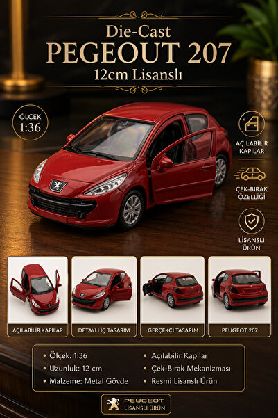 craftivio Peugeot 207 Kırmızı Die-Cast Metal Model Araba 1:36 Ölçek 12 cm Çek...