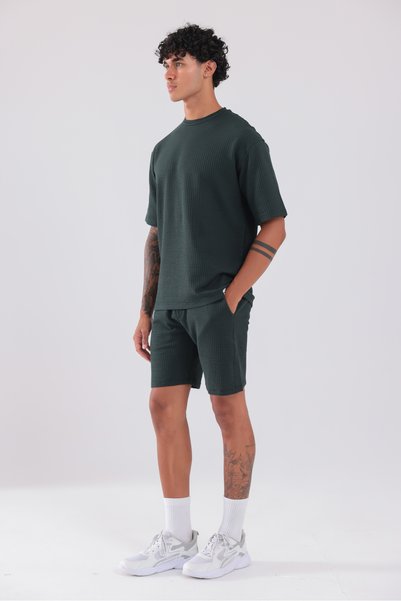 Rowinger Waffle Textured Oversize T-Shirt and Shorts Men's Set