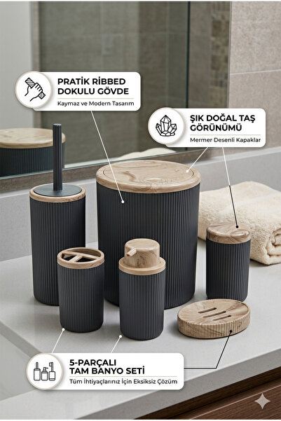 Homerest Füme Mermer Desenli Çizgili Detaylı 5 Parça Lüks Banyo Aksesuar Seti...