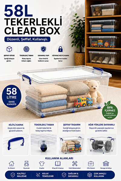 Virela Home 58 L Clear Box 6 Tekerlekli Şeffaf Saklama Kutusu Kilitli Kapaklı...