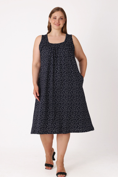 İntensive Women's Plus Size Navy Blue Sleeveless Strap Dress with Pockets